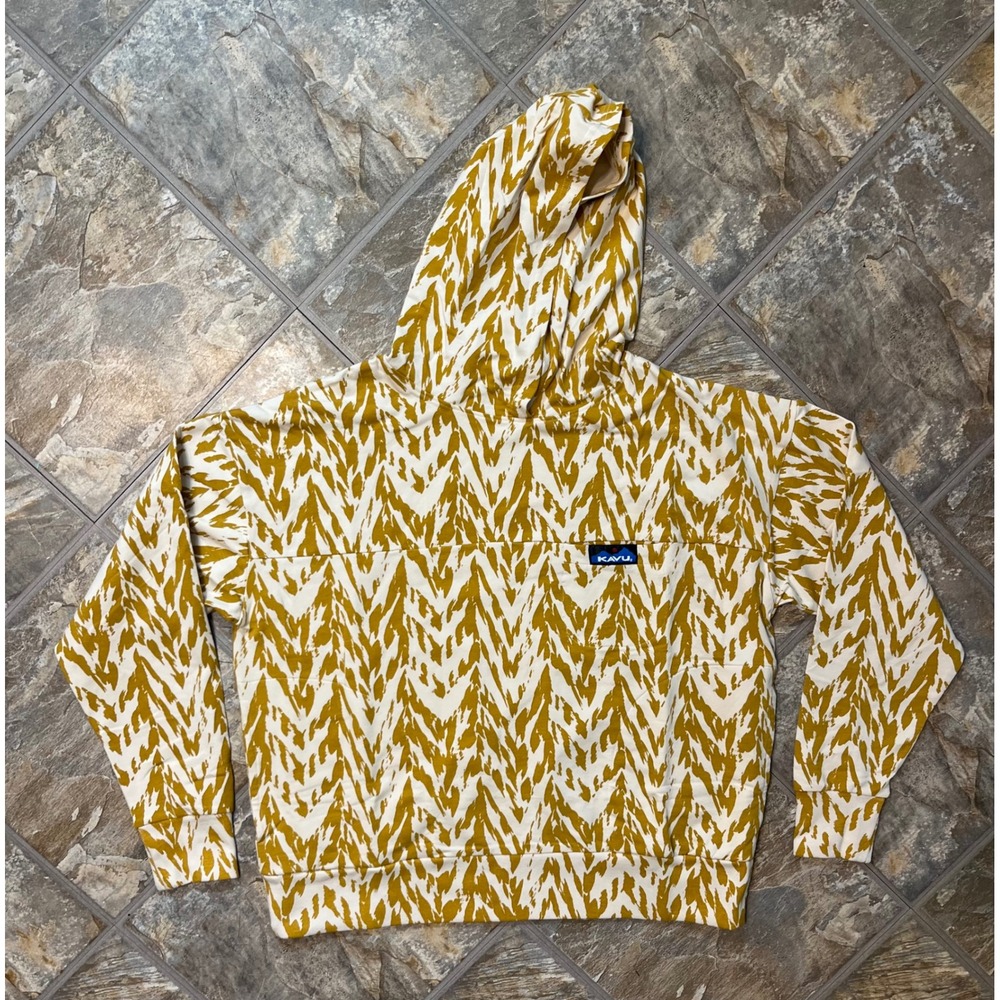 KAVU En Route Hoodie Women S Sun Chevron Yellow NWT Cropped Relaxed Thumbholes